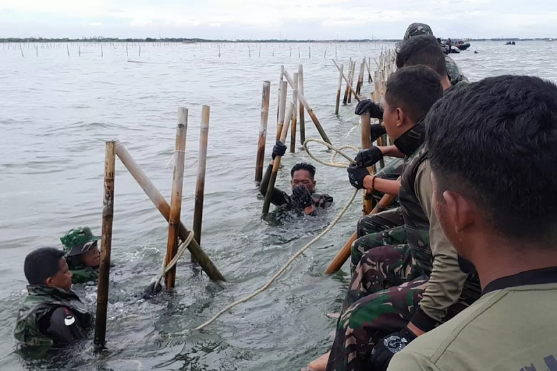 DIBONGKAR: Lebih dari setengah pagar laut sepanjang 30,16 kilometer di wilayah Tangerang, Banten sudah berhasil dibongkar oleh TNI AL bersama nelayan dan instansi terkait lainnya. (TNI AL)
