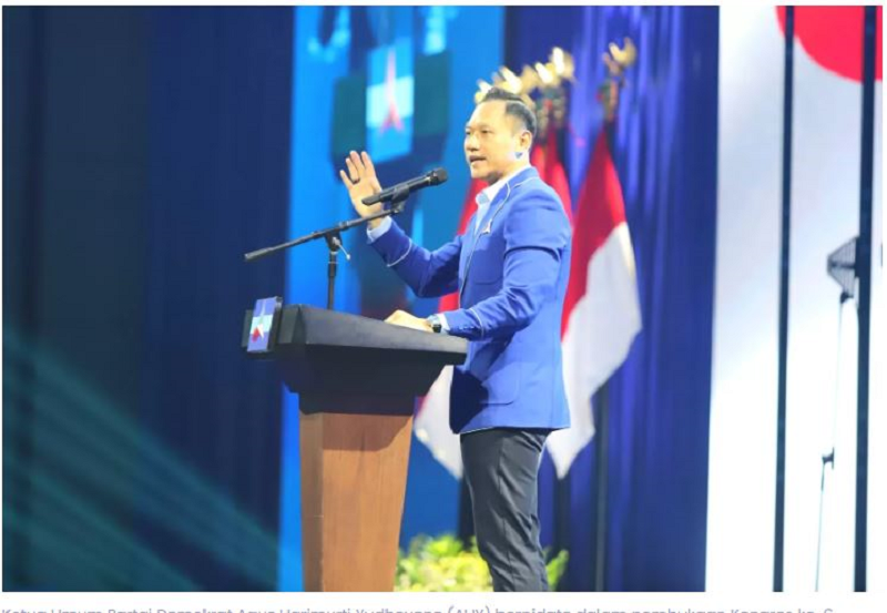 TERPILIH LAGI: Ketua Umum Partai Demokrat Agus Harimurti Yudhoyono (AHY) berpidato dalam pembukaan Kongres ke-6 Partai Demokrat, Senin, Jakarta (24/2/2025).(Dery Ridwansah/ JawaPos.com)