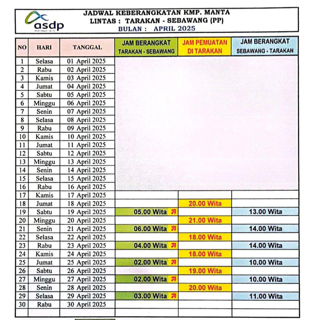 KEMBALI BEROPERASI: Jadwal resmi keberangkatan kapal feri Manta rute Tarakan ke Sebawang pulag pergi.