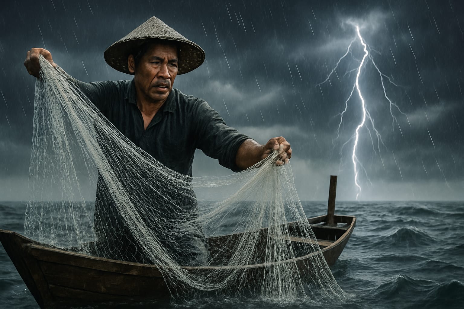 LUSTRASI WILDAN/RADAR TARAKAN CUACA LAUT: Ilustrasi nelayan sedang melaut saat kondisi badai.