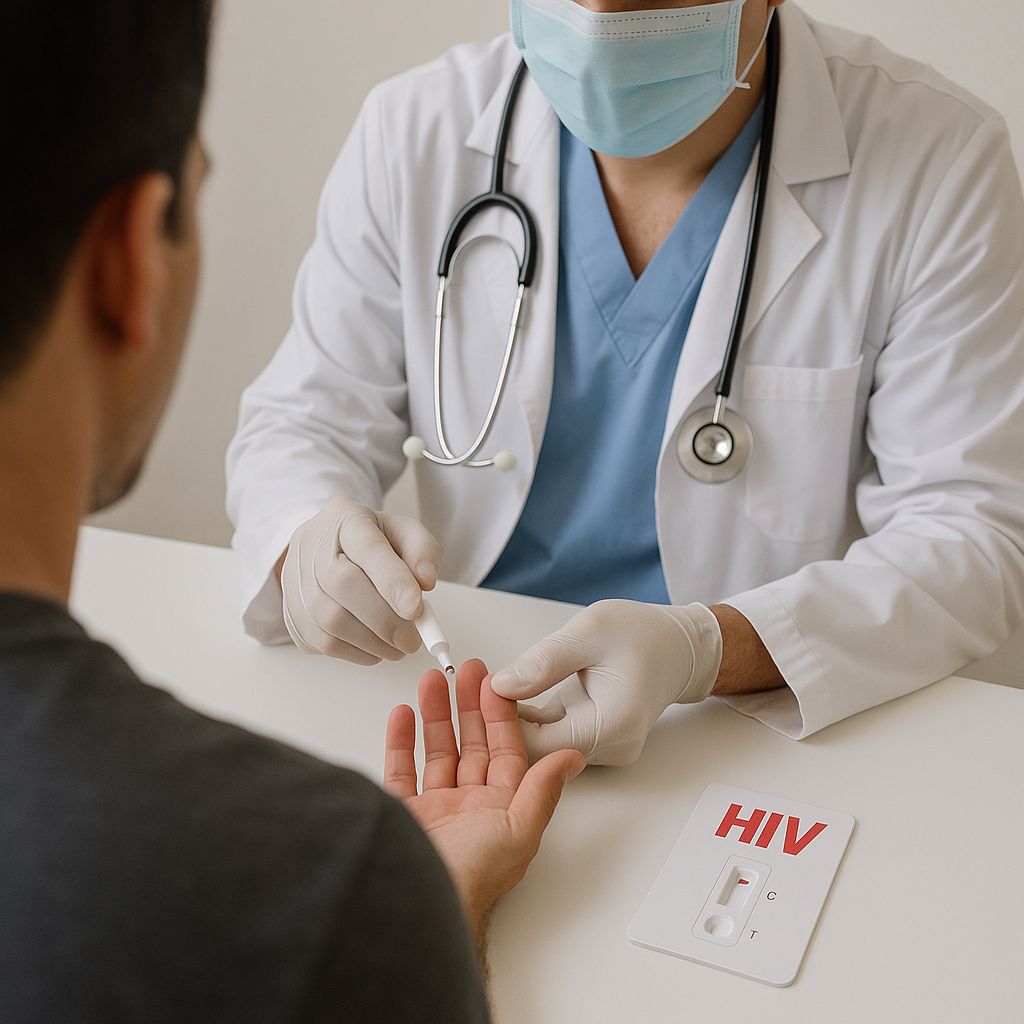 Teks Foto : Tampak seorang pemuda sedang memeriksa HIV bersama dokter (Foto Ilustrasi)