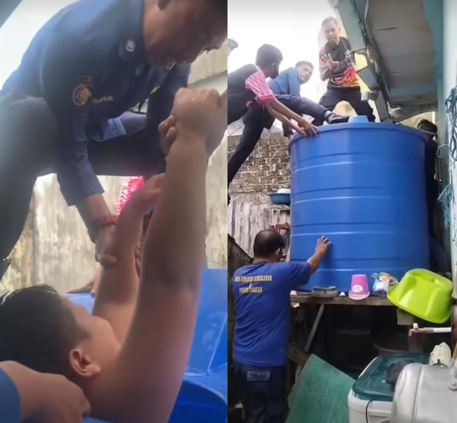 DOK DISDAMKARTAN NUNUKAN EVAKUASI BOCAH: Personel penyelamatan Disdamkartan Nunukan ketika berusaha mengevakuasi bocah 12 tahun dari dalam profil tangki air