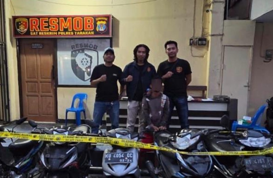 PENGUNGKAPAN: Kasus curanmor dengan barang bukti 8 kendaraan roda dua yang berhasil diungkap Satreskrim Polres Tarakan di awal tahun 2026.