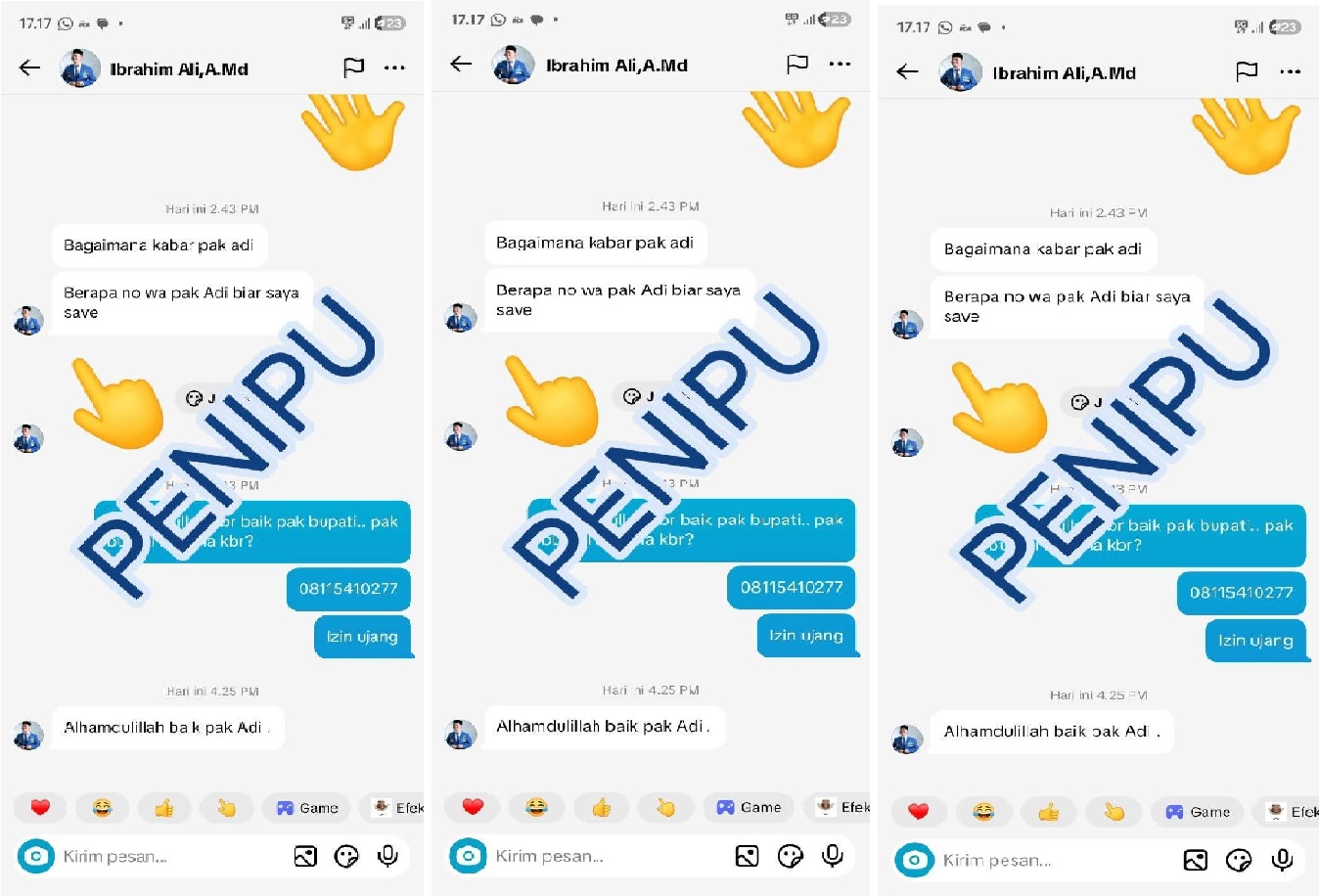 &lrm;AKUN PALSU: Tangkapan layar pelaku pencatutan dan calon korban.