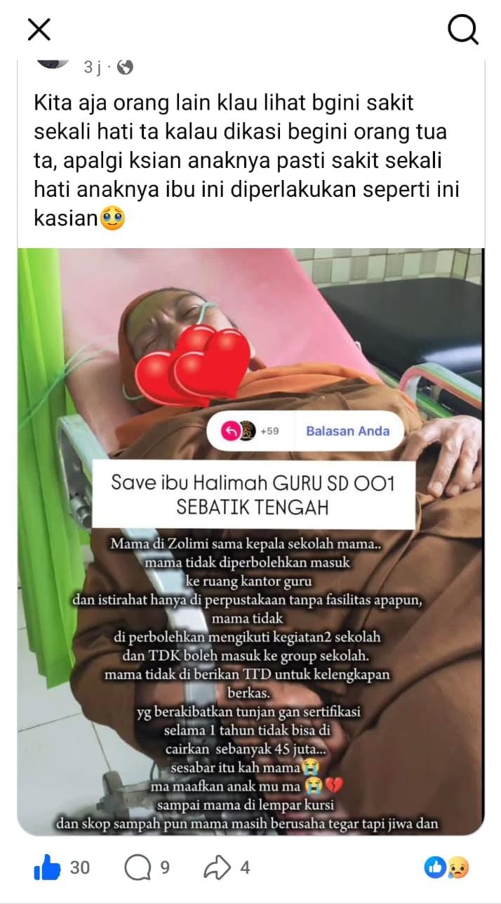 CURHAT : Tangkapan layar curhatan pengguna medsos yang menceritakan sang ibu seorang guru mendapatkan perlakuan tidak menyenangkan dari oknum kepsek.