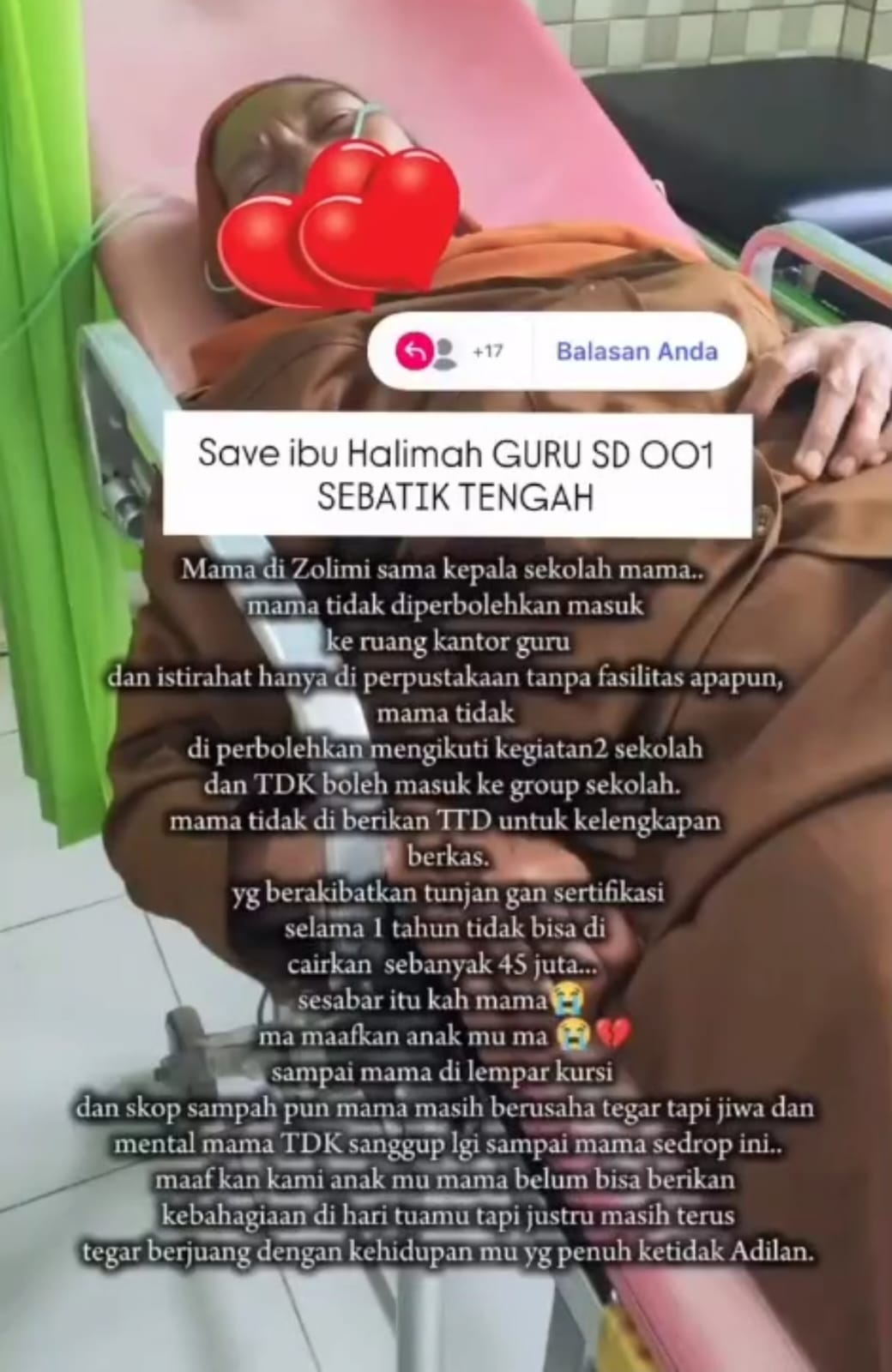 DROP : Halimah mendapatkan perawatan medis diduga usai mendapatkan perlakuan yang tidak menyenangkan dari oknum kepsek SD 001 Sebatik Tengah.
