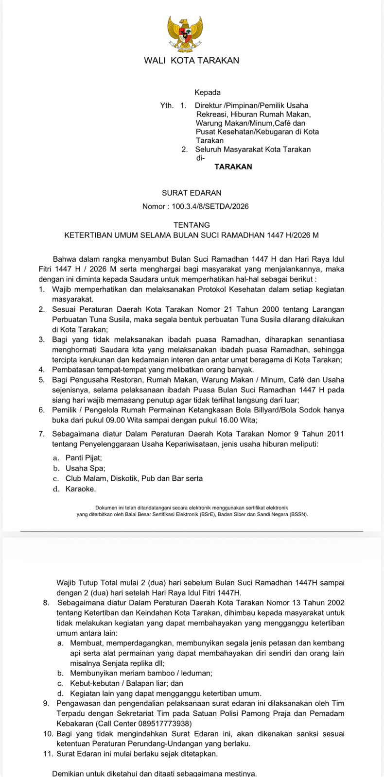 EDARAN : Pemkot Tarakan mengeluarkan Surat Edaran Wali Kota Tarakan Nomor 100.3.4/8/SETDA/2026 untuk memastikan suasana Ramadan 1447 Hijriah tetap kondusif.