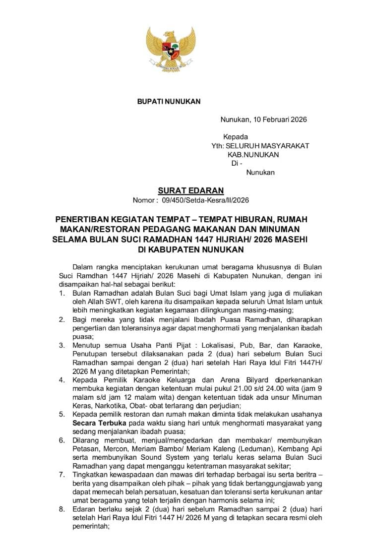 PENERTIBAN : Surat Edaran yang diterbitkan Bupati Nunukan selama Ramadan.