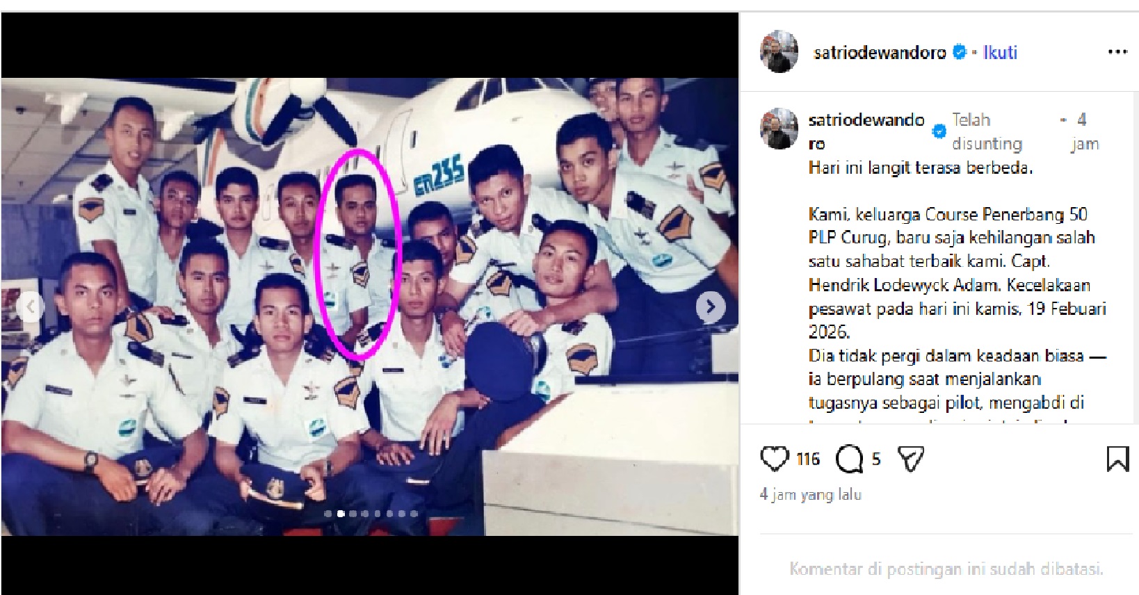 MENINGGALKAN DUKA: Capt. Hendrik Lodewyck Adam semasa hidup bersama rekannya sesama alumni PLP-50 Curug.