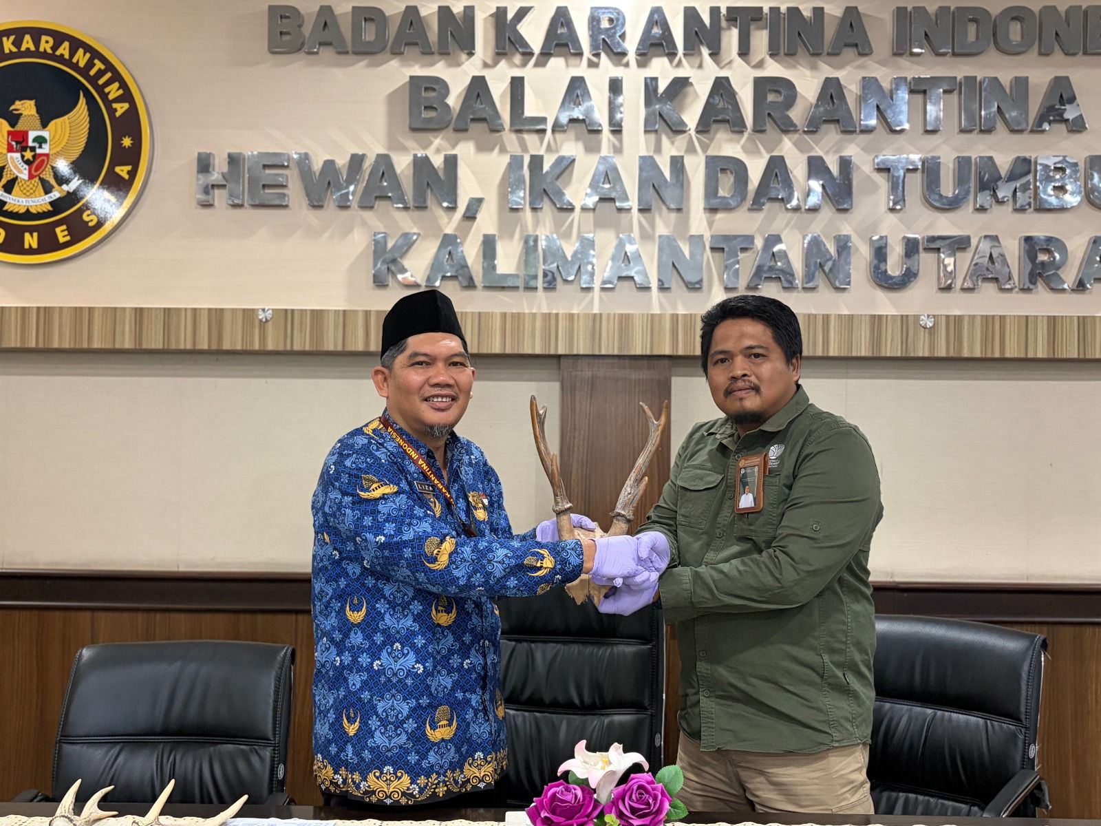 DIAMANKAN: Sebanyak 38 pasang tanduk rusa hasil penahanan karantina resmi diserahkan ke BKSDA Kaltara.  