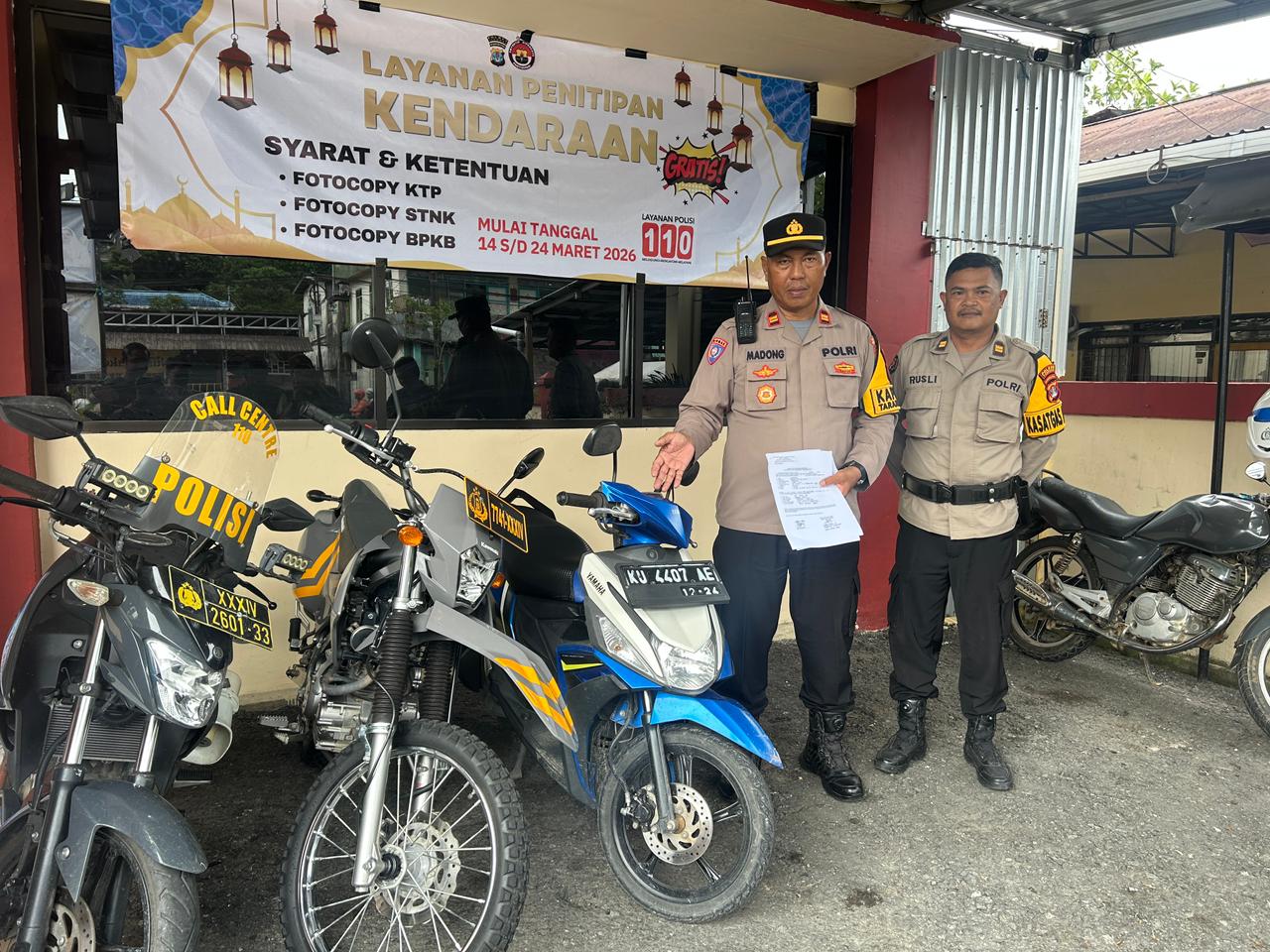 KEAMANAN: Polres Tarakan membuka layanan penitipan motor bagi masyarakat yang mudik untuk menjadi keamanan kendaraannya.  