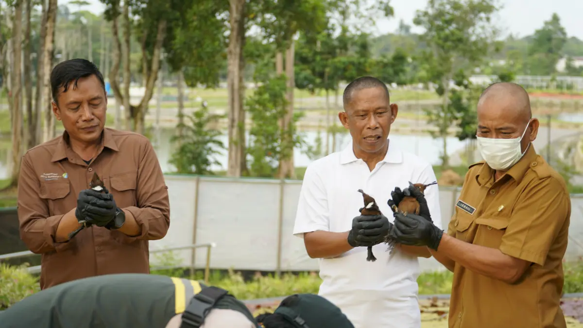DILEPASLIARKAN: Bupati Bulungan Syarwani didampingi Sekda Bulungan melepasliarkan 46 ekor burung di Kebun Raya Bundayati Bulungan.