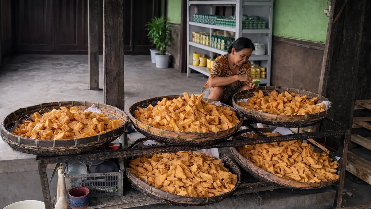 Seorang pelaku UMKM mengolah dan menjemur tahu produksi rumahan sebagai bagian dari usaha yang kini berkembang dan menopang ekonomi keluarga.