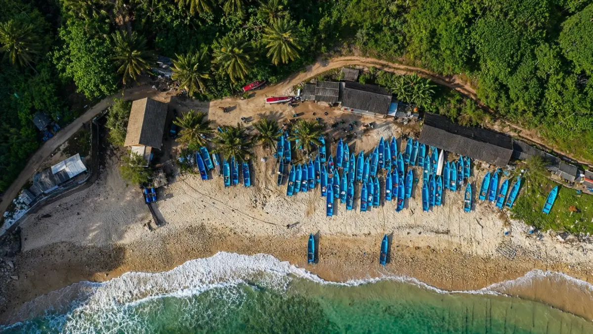 Puluhan perahu nelayan berjajar di pesisir pantai dengan latar kawasan hijau, terlihat dari udara.