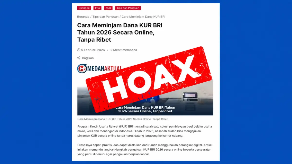 Ilustrasi peringatan hoaks terkait informasi pinjaman KUR BRI yang beredar di media sosial. Masyarakat diimbau selalu cek kebenaran informasi dari sumber resmi.