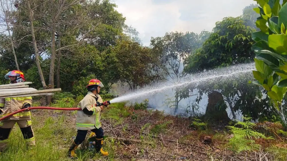 PEMADAMAN : Personel Damkar Nunukan berjibaku melakukan pemadaman atas lahan yang terbakar di Kecamatan Nunukan Selatan.&nbsp;