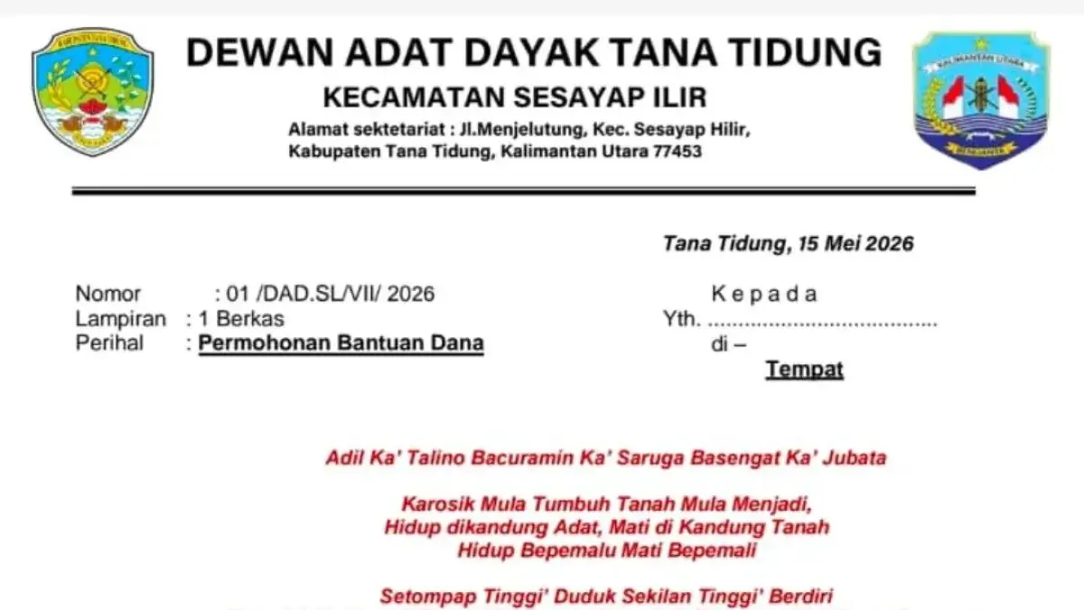 HOAKS: Beredar surat permohonan bantuan dana untuk kegiatan Dewan Adat Dayak Tana Tidung, yang mencatut nama Sekda H. Hersonsyah dan DAD. 