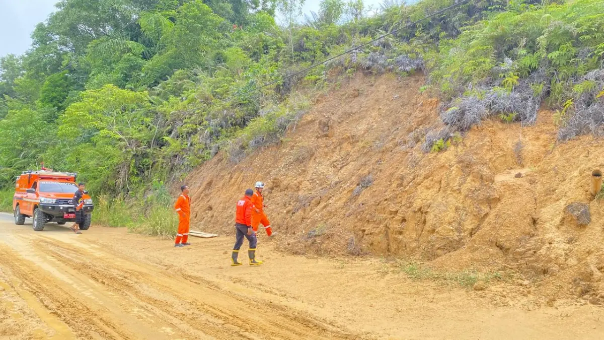 PENGECEKAN : Personel BPBD Nunukan saat melakukan pemantauan di lokasi longsor.&nbsp;