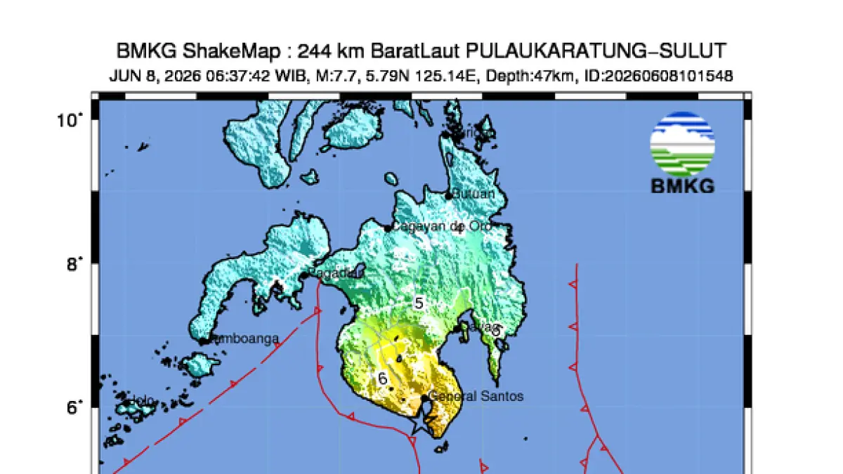 TITIK GEMPA : Peta ShakeMap BMKG memperlihatkan sebaran guncangan gempa M7,7 di Pantai Selatan Mindanao, Filipina, Senin (8/6/). Guncangan kuat terjadi di wilayah episenter dan turut dirasakan di sejumlah daerah di Sulawesi Utara. BMKG