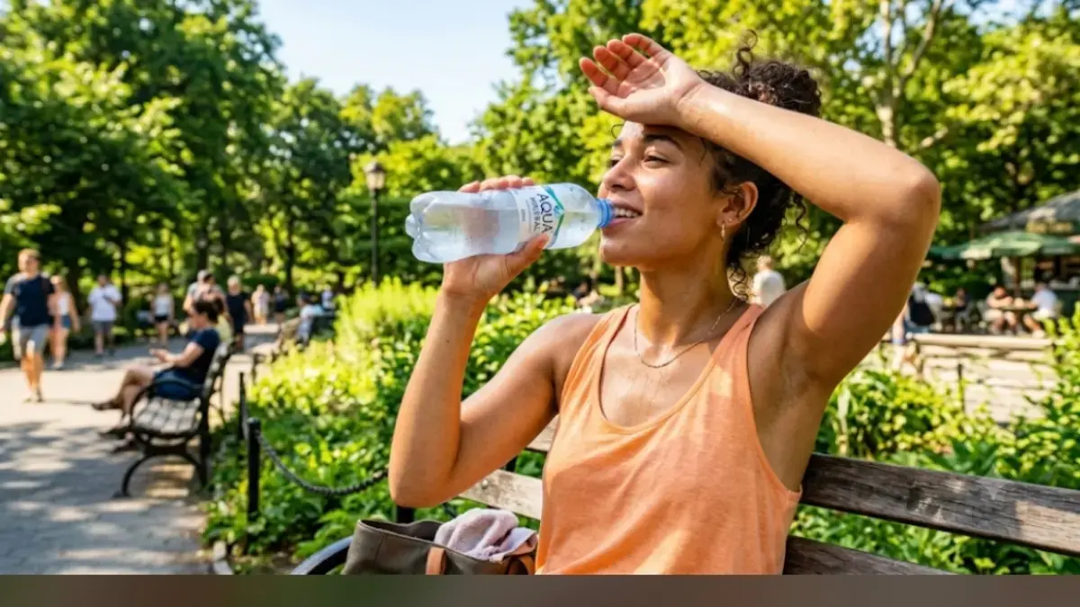 Ilustrasi seorang perempuan meminum air mineral di tengah cuaca yang panas. (Freepik)