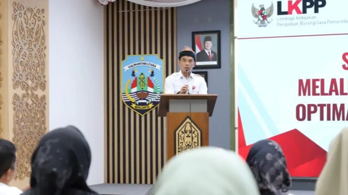 PRODUK: Sekprov Kaltara, Denny Harianto saat membuka kegiatan optimalisasi dan bimtek strategi pengadaan barjas pemerintah di Tanjung Selor, Rabu (8/7). FOTO: DKISP KALTARA