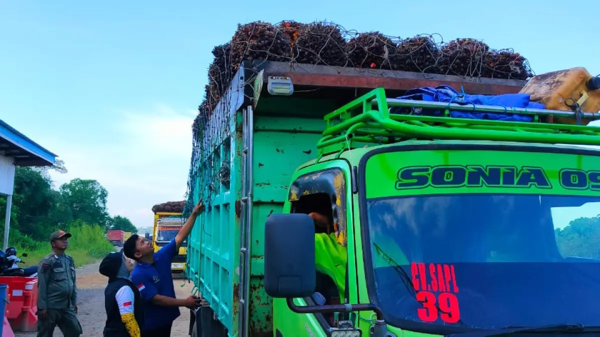 MUATAN SAWIT: Petugas Dinas Perhubungan Kabupaten Tana Tidung melakukan pengawasan terhadap kendaraan pengangkut tandan buah segar (TBS) kelapa sawit di Pelabuhan Sebawang.FOTO: ISTIMEWA