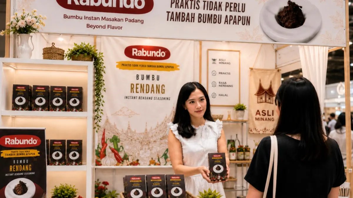 Pelaku UMKM memperkenalkan produk bumbu instan rendang merek Rabundo kepada pengunjung dalam sebuah pameran. Melalui pendampingan Rumah BUMN BRI Bakauheni, Rabundo berhasil memperkuat legalitas usaha, meningkatkan kapasitas bisnis, serta memperluas pemasaran hingga menjangkau pasar nasional.