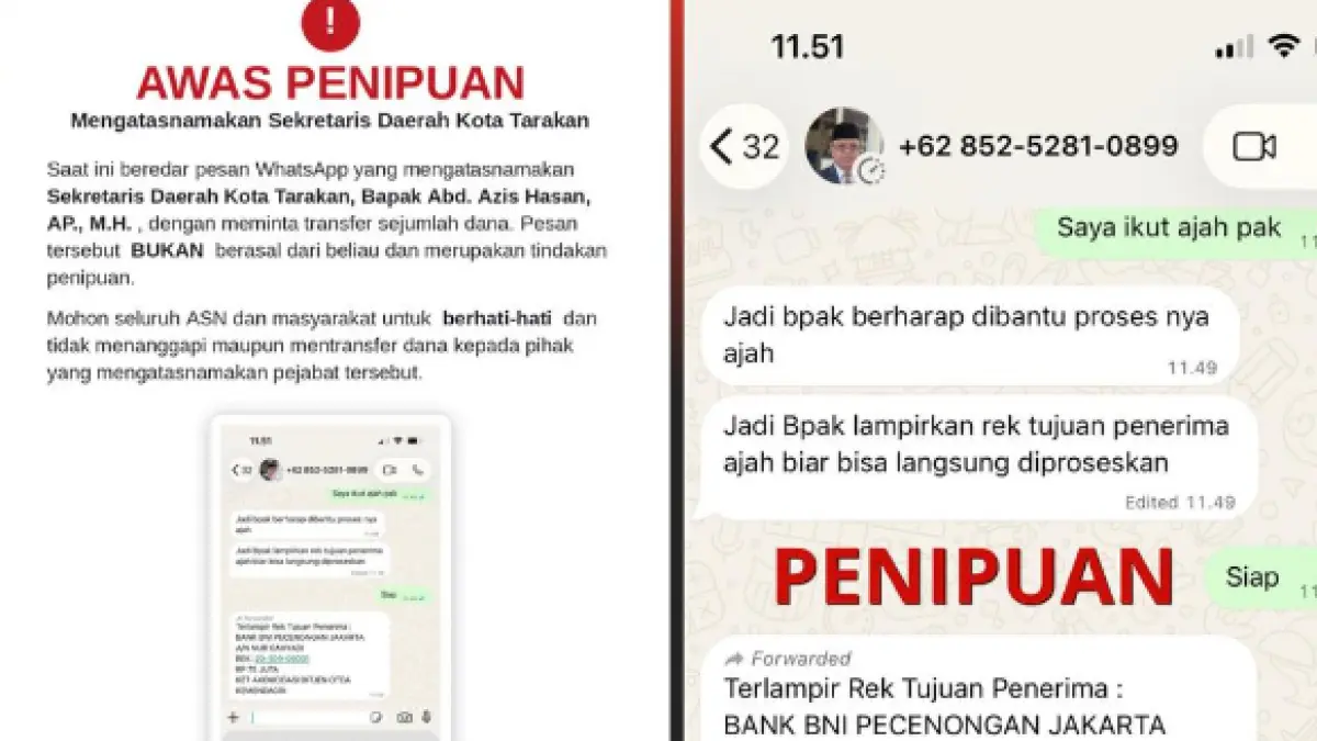 PENIPUAN : Penampakan isi pesan seseorang yang mencoba melakukan penipuan dengan mencatut nama Sekda Tarakan. ISTIMEWA