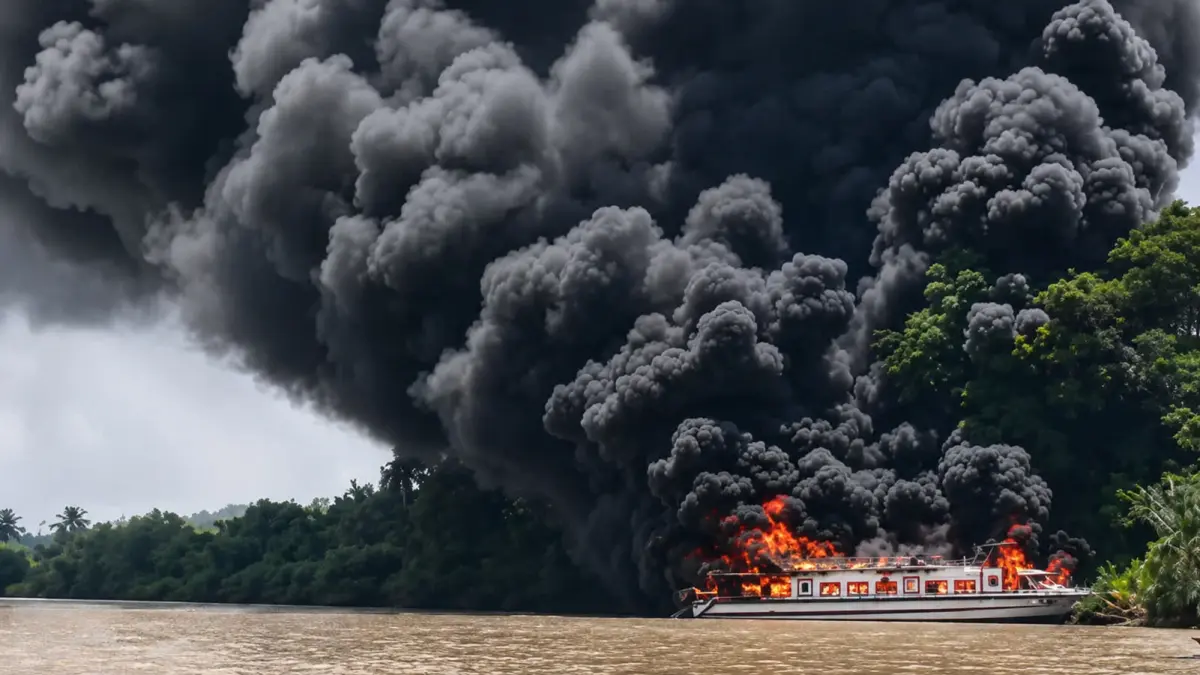 KEBAKARAN HEBAT: Speedboat Sekatak AA terbakar di perairan Salimbatu. 