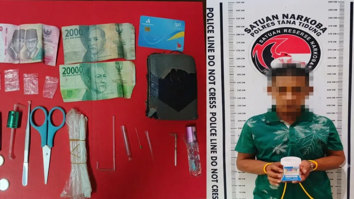 TAK BERKUTIK: Terduga pemilik dan barang bukti sabu diamankan di Mapolres Tana Tidung. (DOK Polres Tana Tidung).