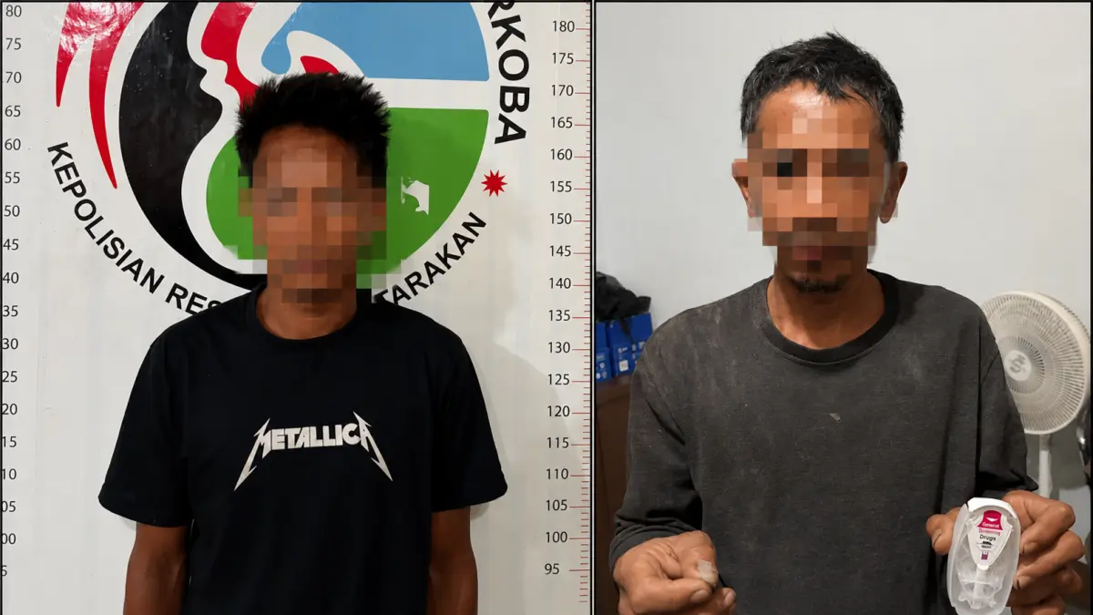 PENGUNGKAPAN : Dua pelaku diamankan Satresnarkoba Polres Tarakan saat melakukan patroli di Perumahan Korpri, Kelurahan Juata Permai, Tarakan Utara. ISTIMEWA