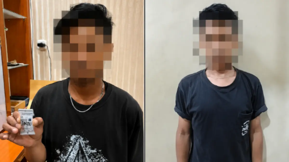 TERTANGKAP : Dua pelaku penyalahgunaan narkotika golongan satu jenis sabu dibekuk bersama barang bukti usai mengkonsumsi sabu.&nbsp;