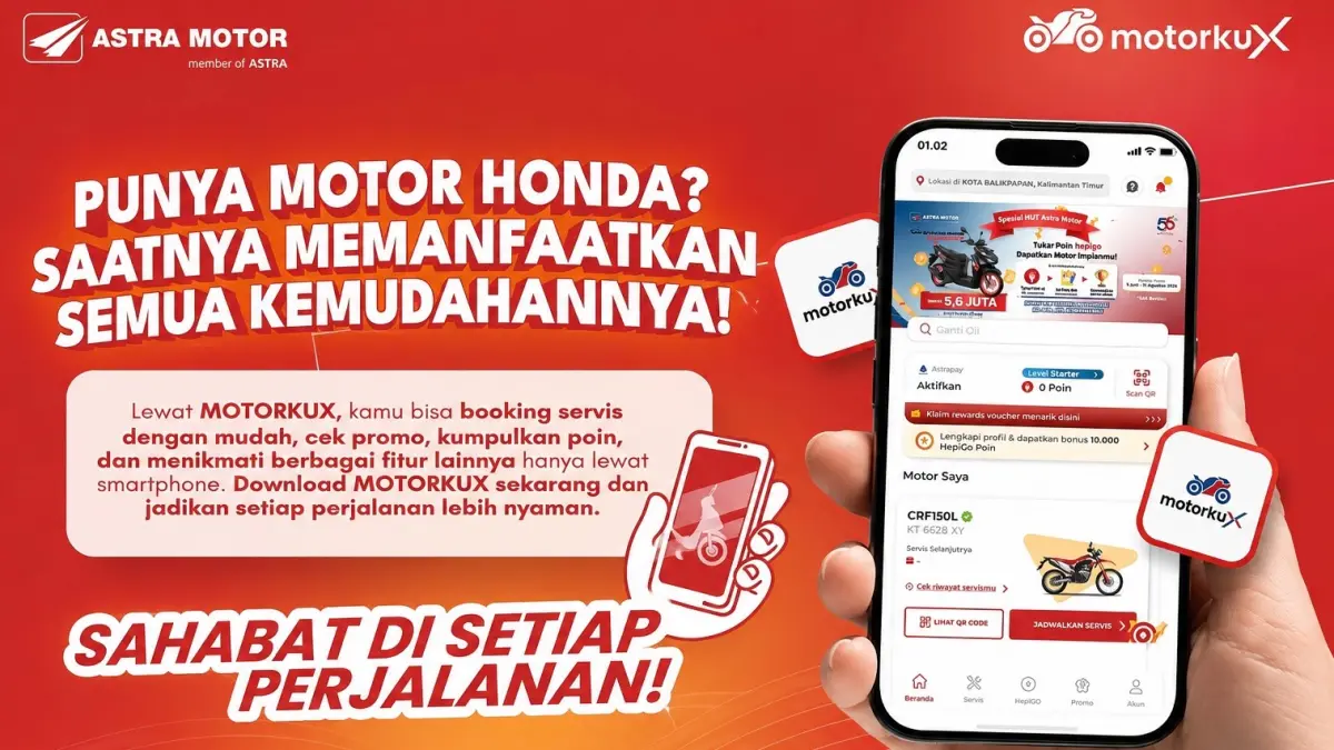 Ilustrasi promosi aplikasi MOTORKUX dari Astra Motor yang menghadirkan berbagai kemudahan bagi pengguna sepeda motor Honda, mulai dari booking servis, cek promo, mengumpulkan poin, hingga menikmati berbagai fitur layanan melalui smartphone.