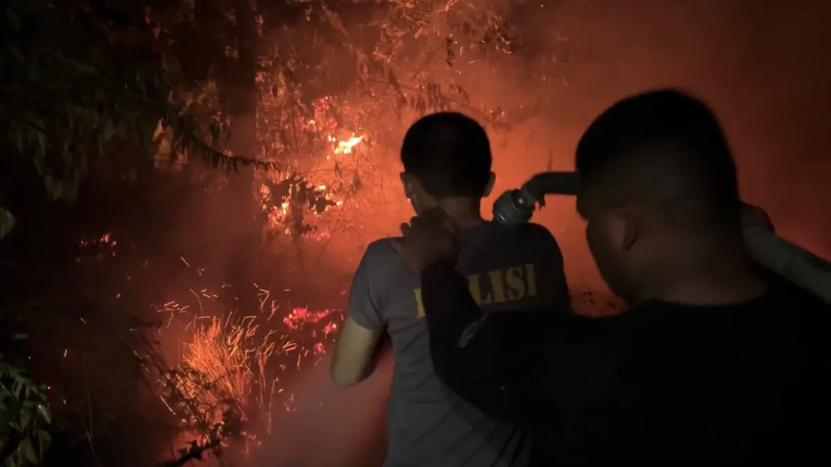 KARHUTLA: Petugas berupaya memadamkan kobaran api yang membakar kawasan hutan dan lahan di Bulungan.