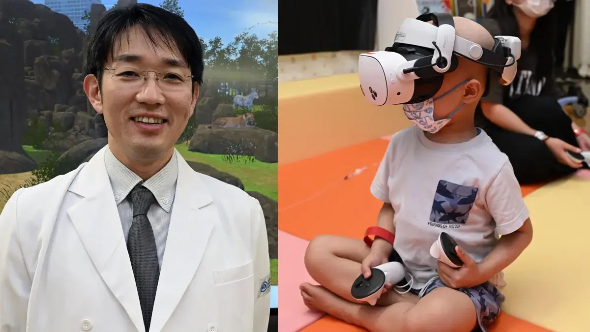 Foto kiri: Joe Hasei, profesor bedah ortopedi di Universitas Okayama. Kanan: Foto yang diambil di Okayama pada 13 Juli 2026 memperlihatkan anak-anak mengenakan headset realitas virtual di ruang bermain di bangsal anak Rumah Sakit Universitas Okayama. (Kyodo)