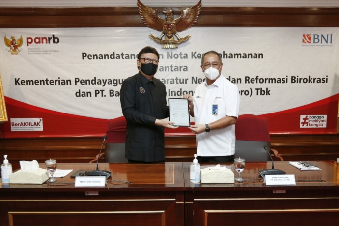 TEKEN MOU: PT Bank Negara Indonesia (Persero) Tbk bekerja sama dengan Kementerian Pendayagunaan Aparatur Negara dan Reformasi Birokrasi (Kemenpan-RB) dalam penyediaan ekosistem sumber daya manusia.(IST)