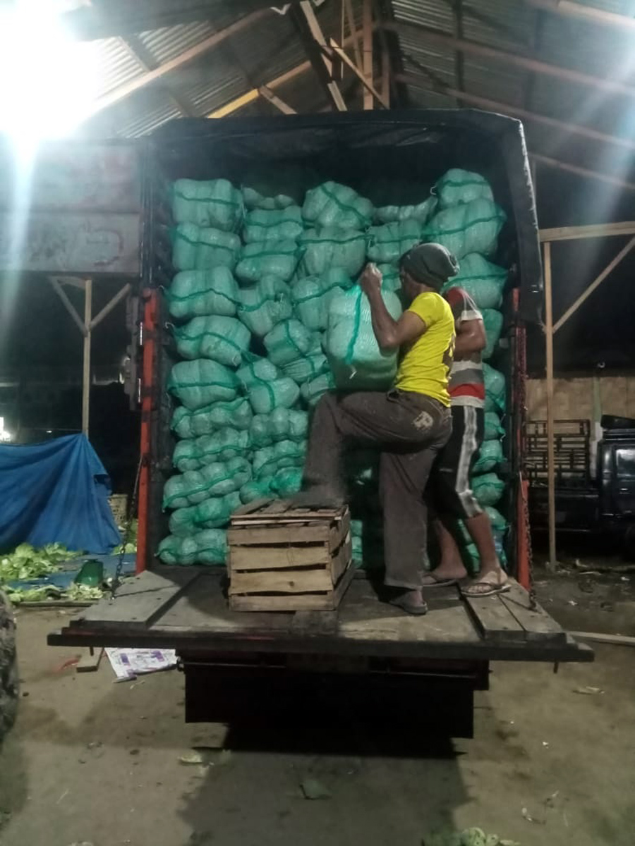 Truk pengangkut milik R Simbolon, sedang menyusun sayur kol untuk pengiriman ke Pulau Bangka, dari Berastagi. Pujian juga datang dari R. Simbolon (45), seorang toke komoditi pertanian. Ia menyebut,