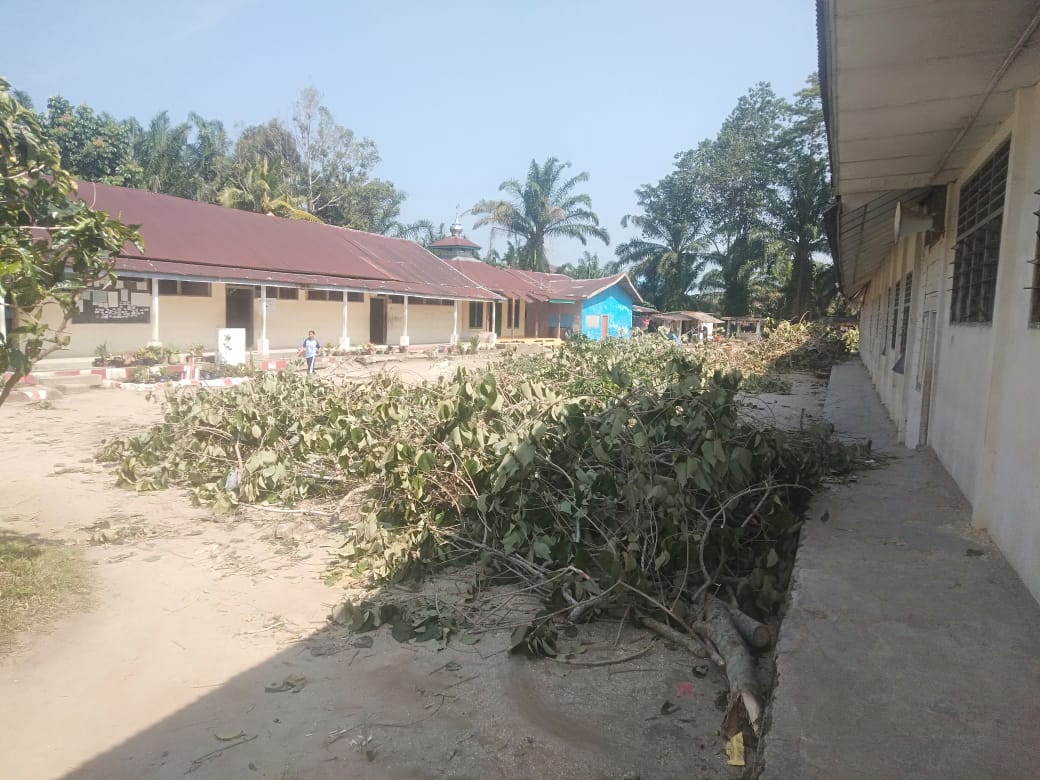 Bekas penebangan pohon dan sampah sisa penebangan berserak di komplek SMP N 2, Tanah Jawa. (Foto : Reno)