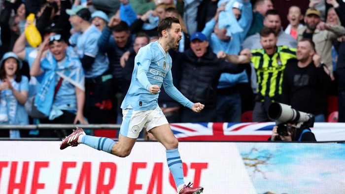 Bernardo Silva merayakan gol. Manchester City melaju ke final Piala FA musim ini usai mengalahkan Chelsea 1-0 di semifinal.