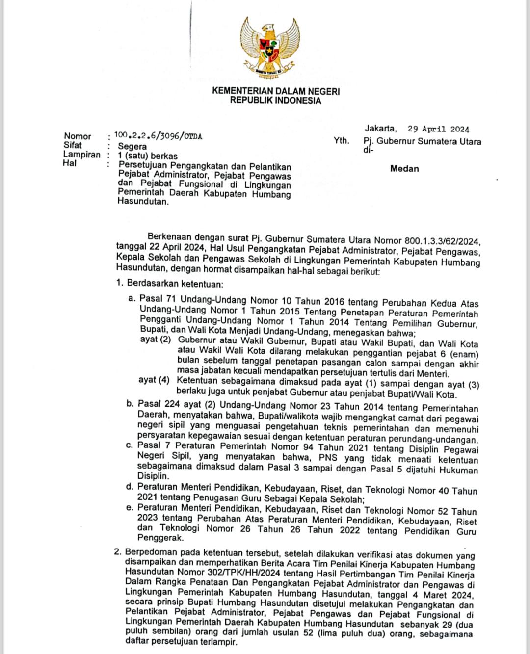 Kutipan Surat Keputusan Mendagri tertanggal 29 April 2024.