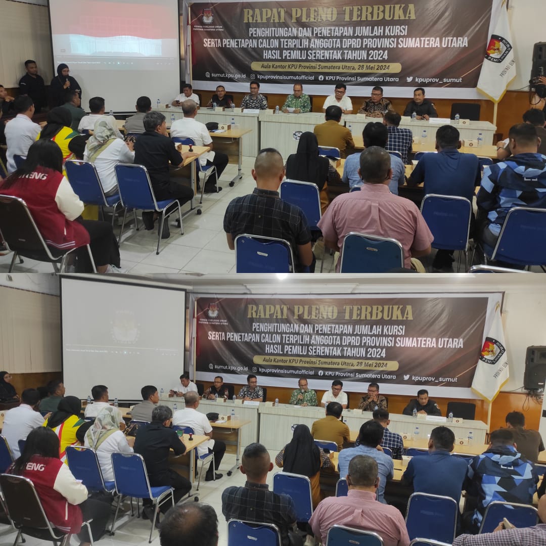 Suasana rapat pleno terbuka di Aula KPU Sumut, Jalan Perintis Kemerdekaan Nomor 35, Medan, Selasa 28 Mei 2024. PRAN HSB/METRODAILY
