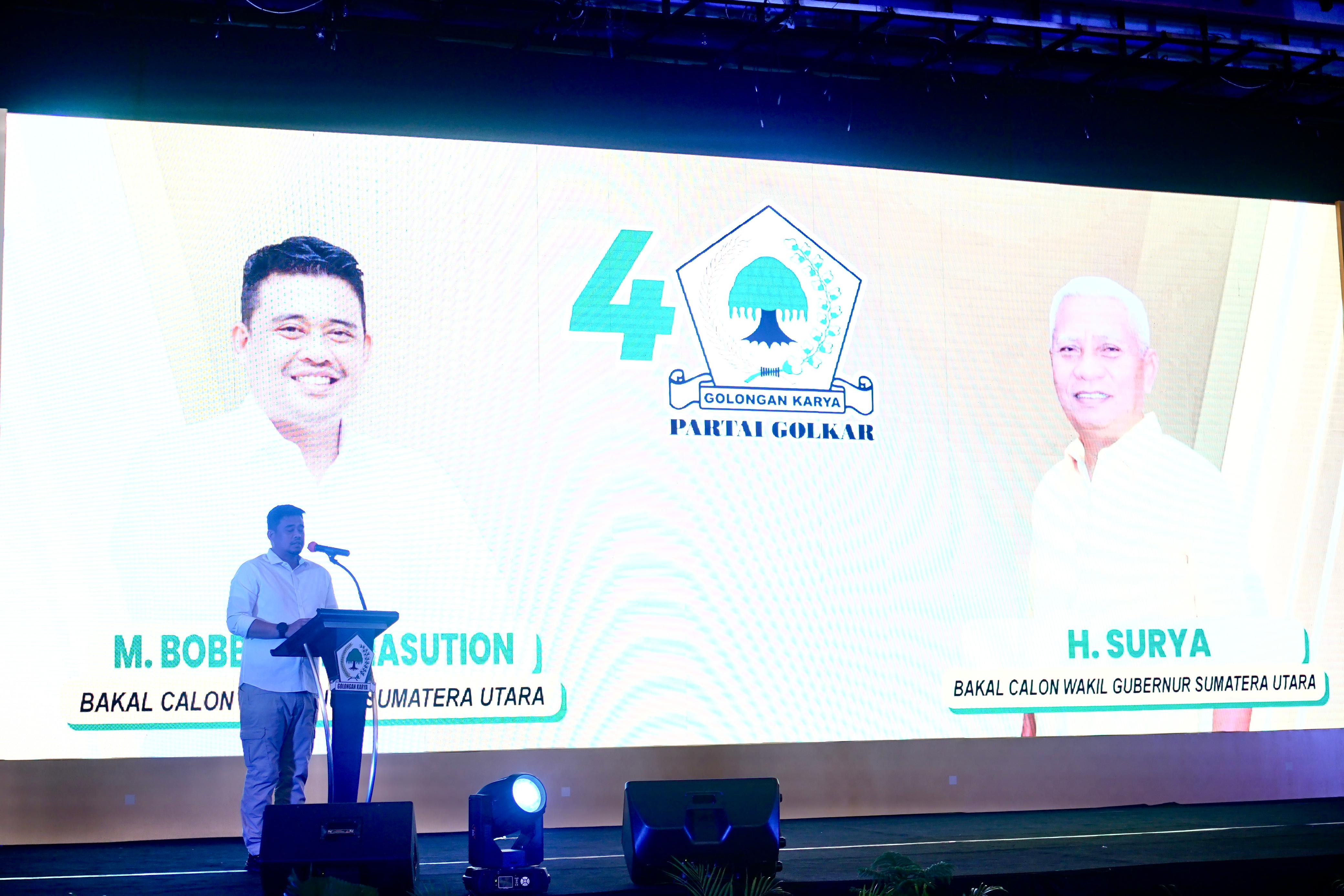 Bacagubsu, Bobby Nasution hadir dalam bimtek Partai Golkar Sumut, Senin, 15 Juli 2024. Diputuskan usai kegiatan itu, Bupati Asahan, Surya mendampingi Bobby Nasution sebagai Bakal Calon Wagubsu.