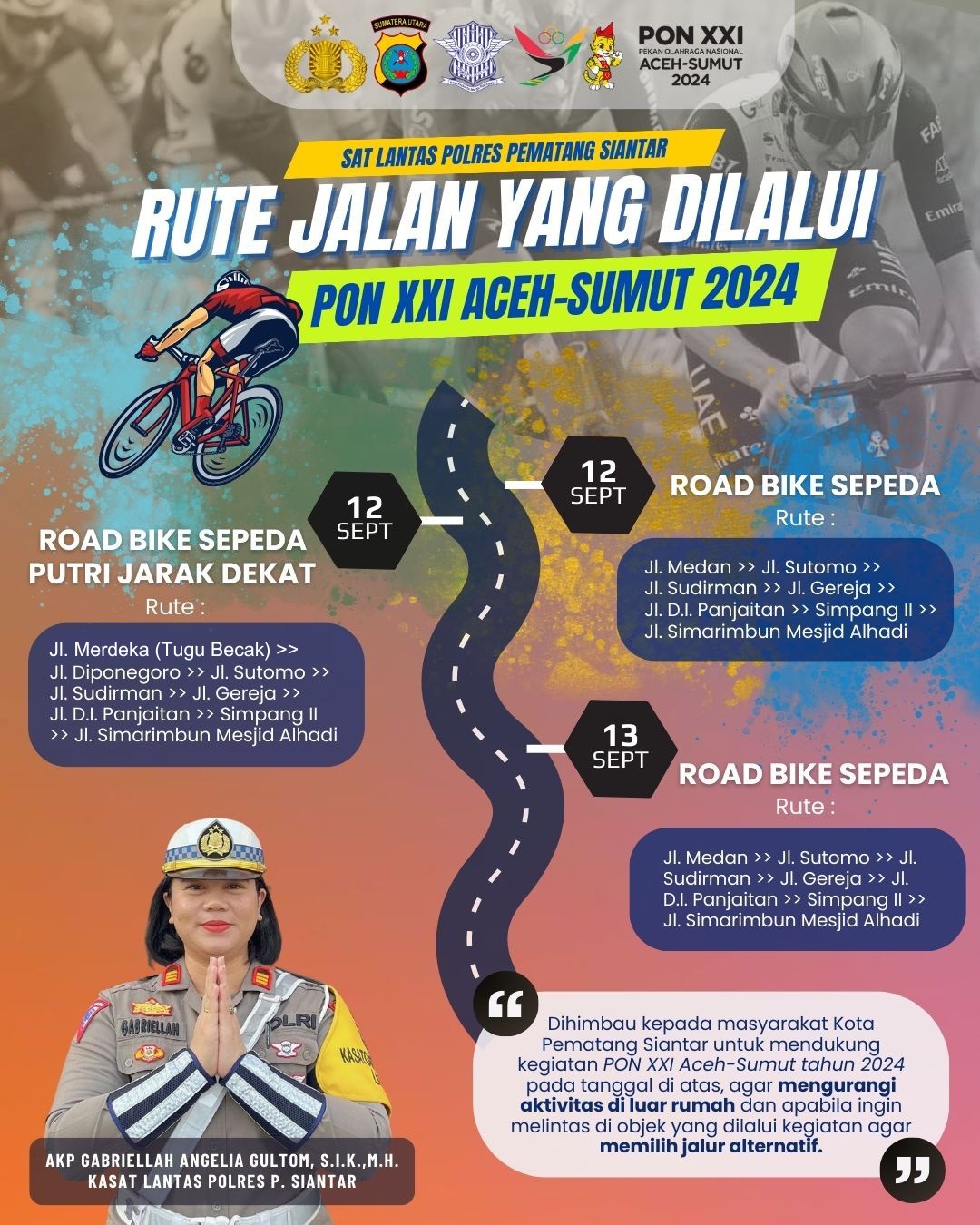Polres Pematangsiantar melalui Sat Lantas melakukan rekayasa lalu lintas pada sejumlah ruas jalan dalam rangka pelaksanaan road bike (balap sepeda) PON XXI Tahun 2024 Aceh- Sumut.