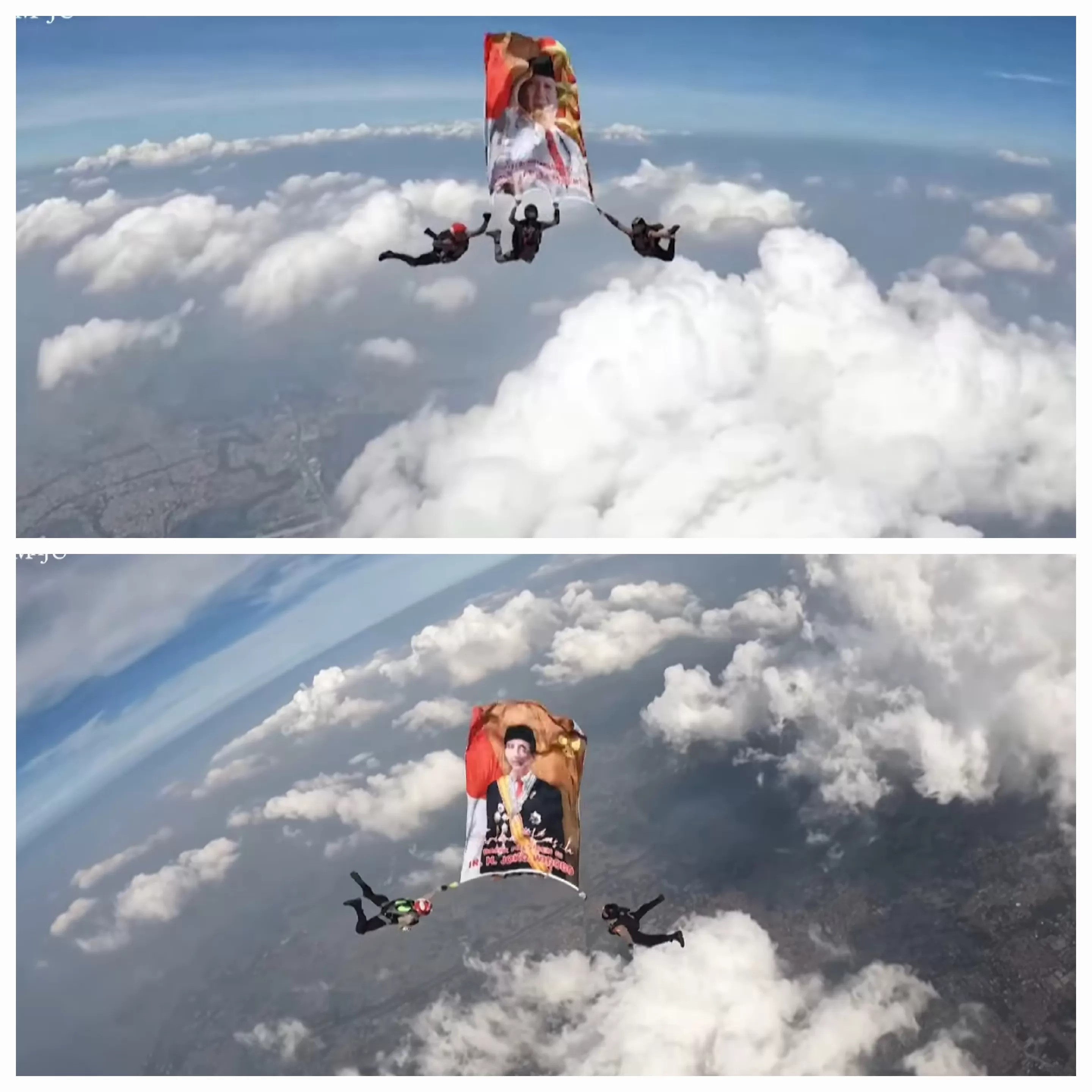 Tangkapan layar penerjun payung Polri kibarkan bendera bergambar Presiden Jokowi dan Menteri Pertahanan Prabowo di langit.