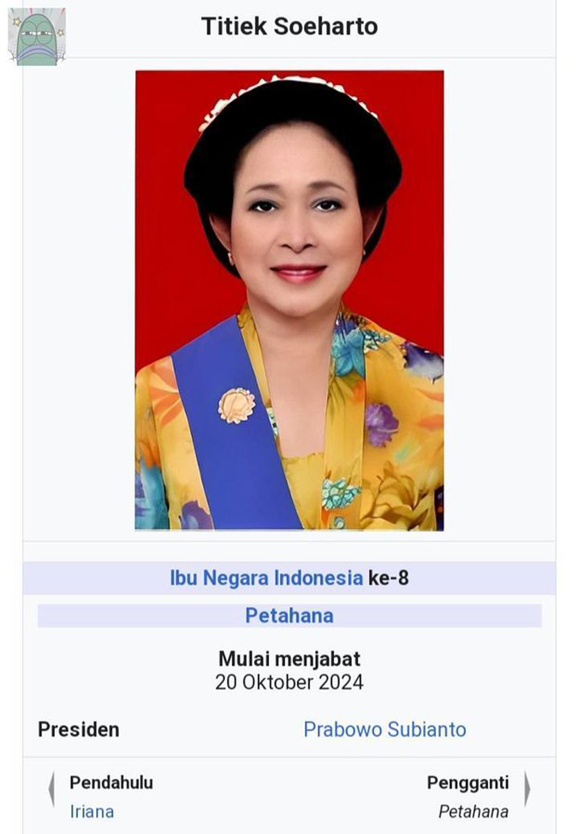 Wikipedia memuat foto Titiek Soeharto dengan keterangan: ibu negara ke-8.