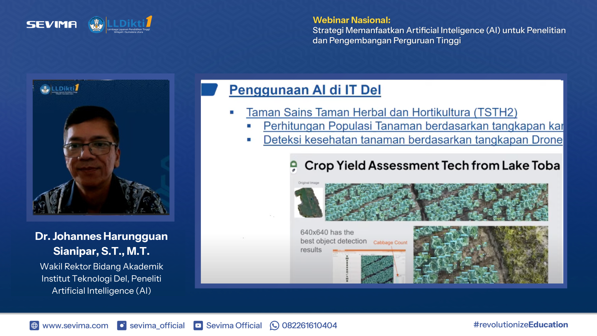 Wakil Rektor Bidang Akademik IT Del, Dr. Johannes Harungguan Sianipar, M.T., dalam Webinar SEVIMA bertajuk "Strategi Memanfaatkan Artificial Intelligence untuk Penelitian dan Pengembangan PT.