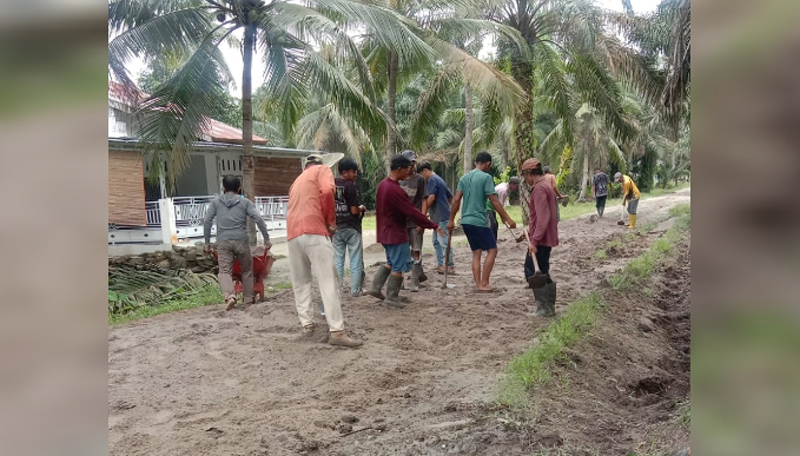 Warga dusun VI dan IX Desa Sei Lama gotong royong bangun jalan pakai dana sendiri.