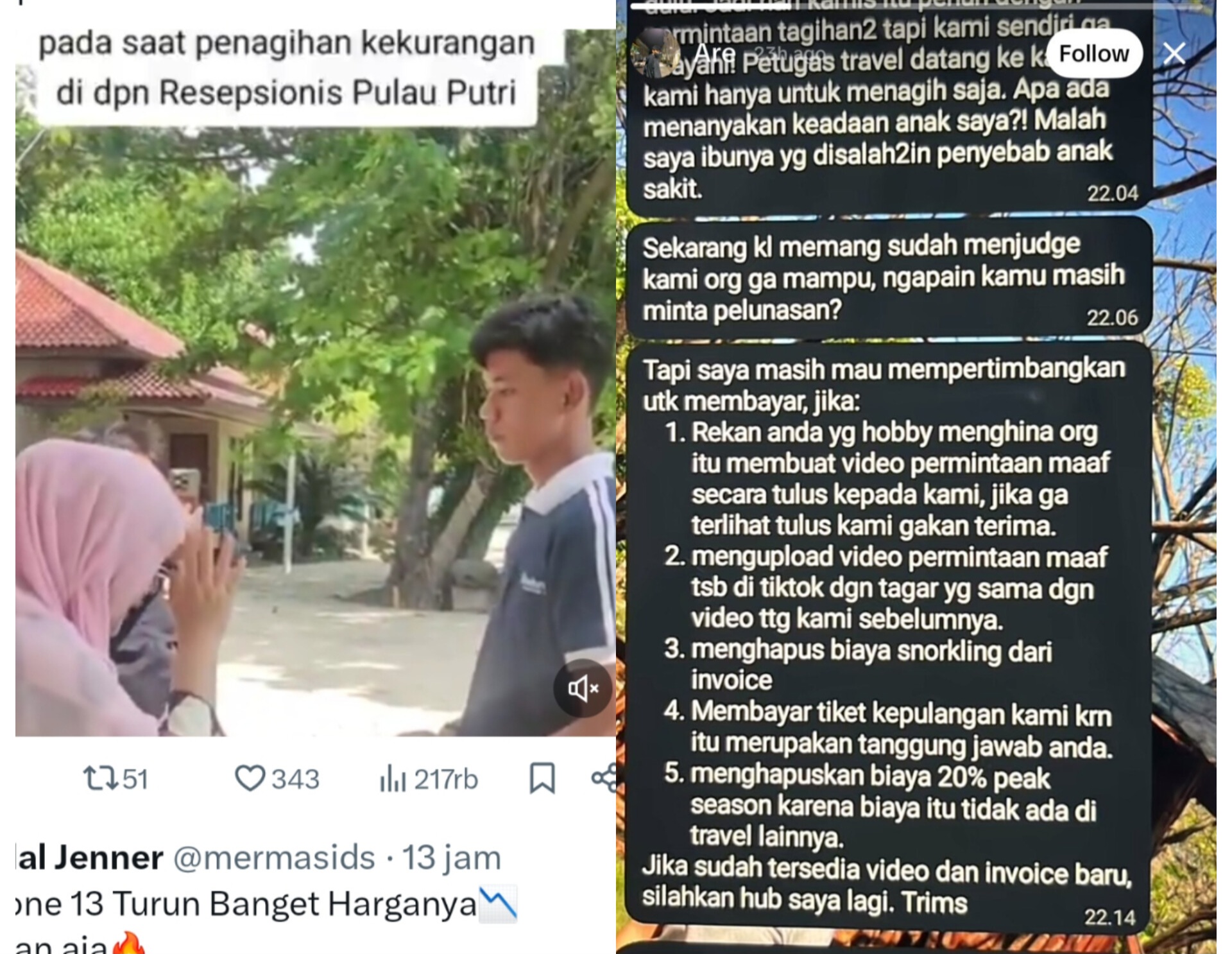 Pasutri yang berdebat dengan petugas travel soal pelunasan booking hotel dan fasilitas lainnya, menuntut permintaan maaf.