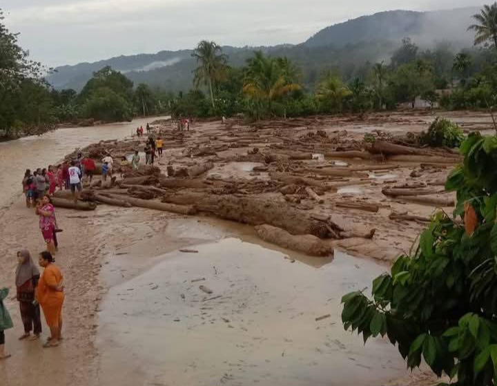 Aek Sarulla di Tapanuli Utara meluap membawa potongan-potongan kayu, membuat dua kecamatan terendam banjir.