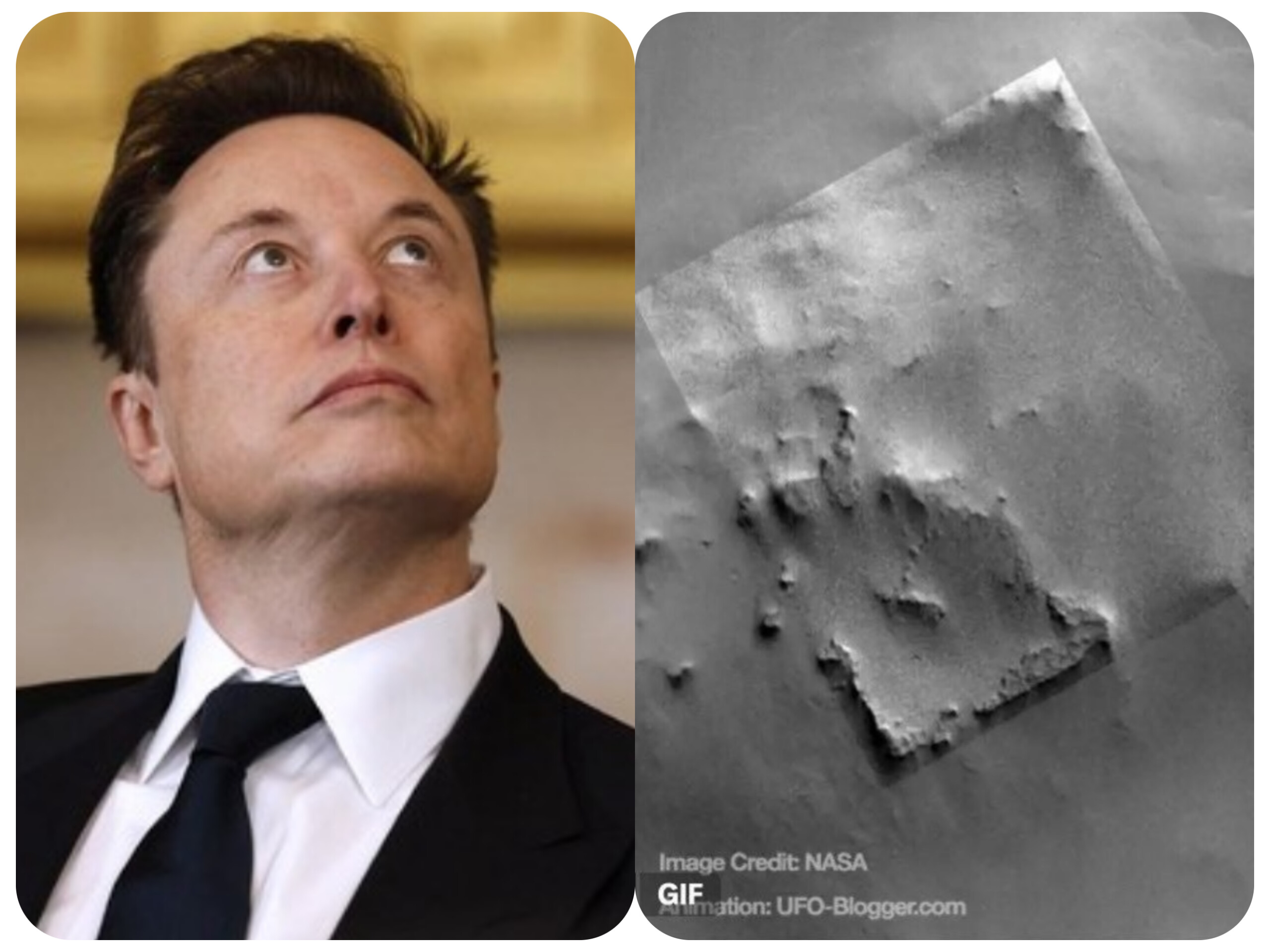 Elon Musk dan sebuah formasi berbentuk kotak di permukaan planet merah.